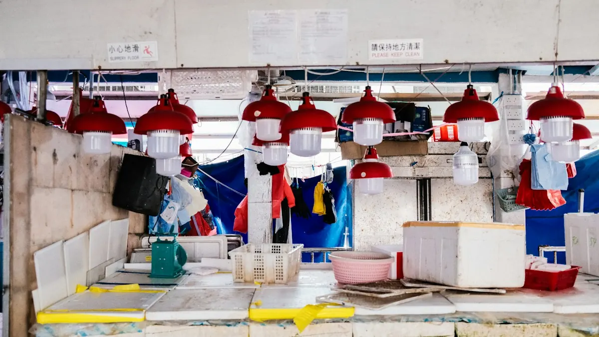 An empty market stall with white tiled counters under a row of red hanging lamps